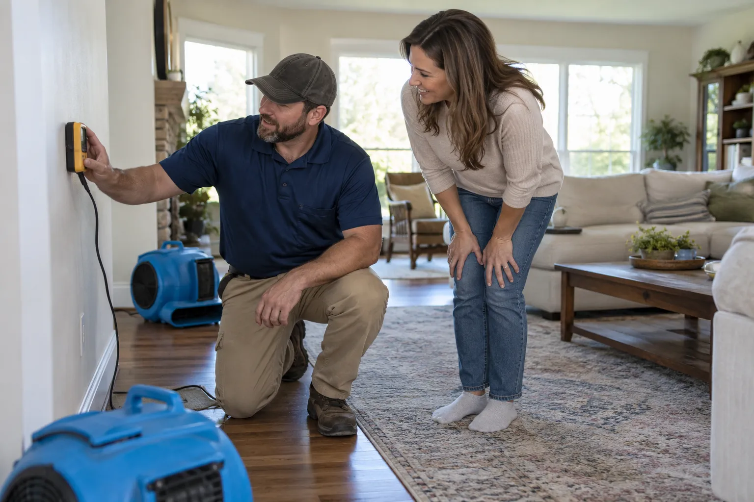 Water damage restoration technician drying a flooded living room in Austin
